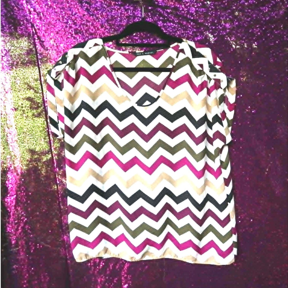 Multicolor Chevron Blouse XL Zac & Rachel Women V-Neck Short Sleeve Top